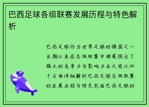巴西足球各级联赛发展历程与特色解析